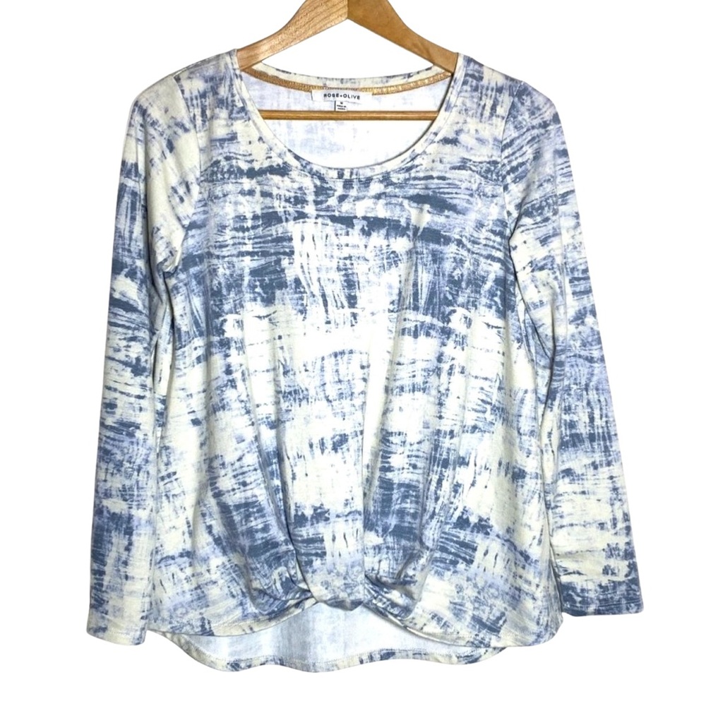 Rose & Olive Blue Tie Dye Top Long Sleeve Front Knot & Fold Accent Size M